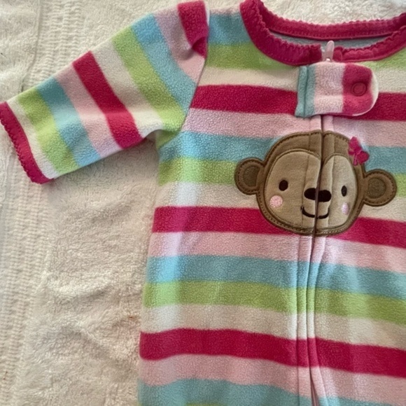 NWOT Newborn Carter’s pink blue green  stripe footed pajamas w/monkey graphic - Picture 2 of 10